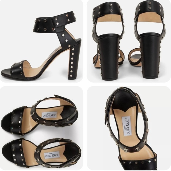 Jimmy Choo Veto 100‎ Silver Studded Block Heel Sandals Black Nappa Leather 38 - Picture 3 of 11